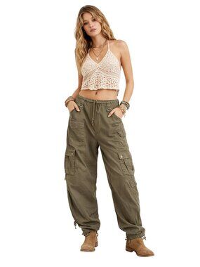 Angel Kiss Womens Olive Green Barrel Wide Leg Cargo Pants Women L Cotton Street